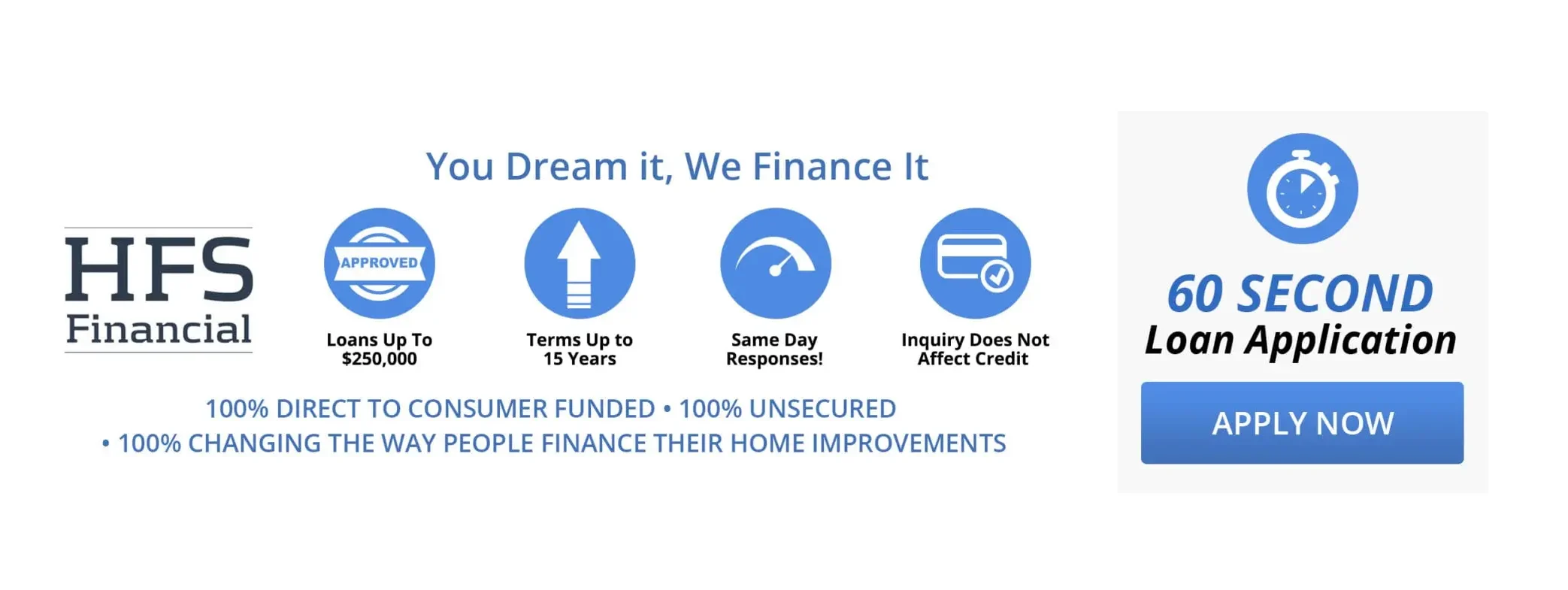 You Dream it, We Finance It - HFS Financial 60 Second Loan Application - 100% Direct to Consumer Funded - 100% Unsecured - 100% Changing the Way People Finance their Home Improvements - Apply Now