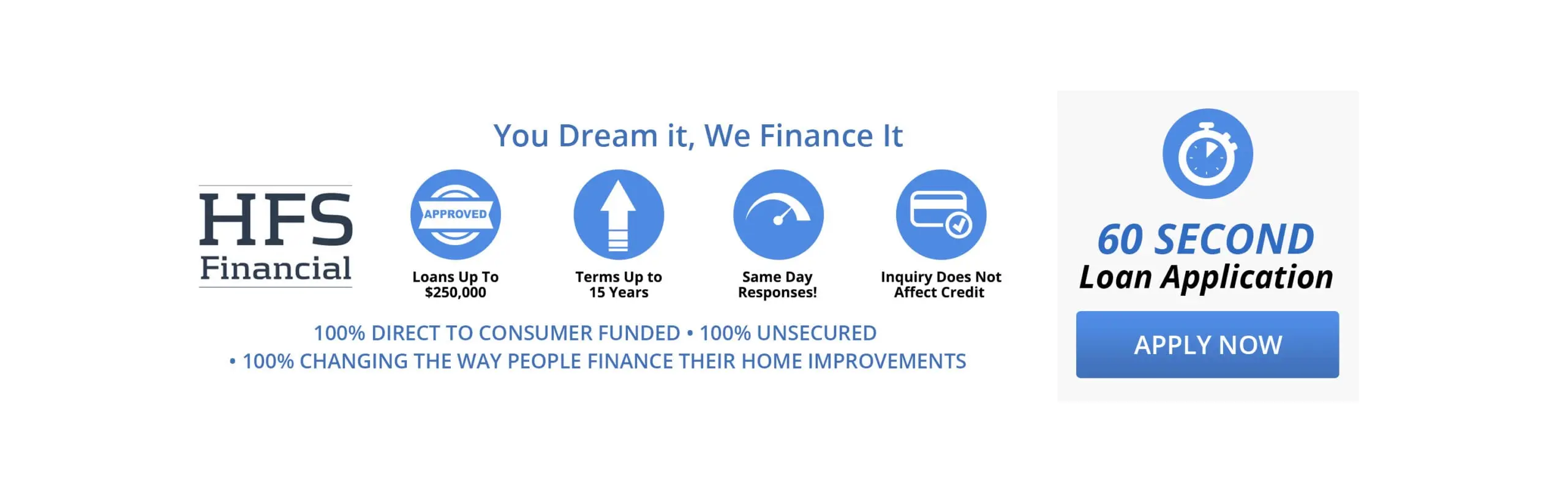 You Dream it, We Finance It - HFS Financial 60 Second Loan Application - 100% Direct to Consumer Funded - 100% Unsecured - 100% Changing the Way People Finance their Home Improvements - Apply Now