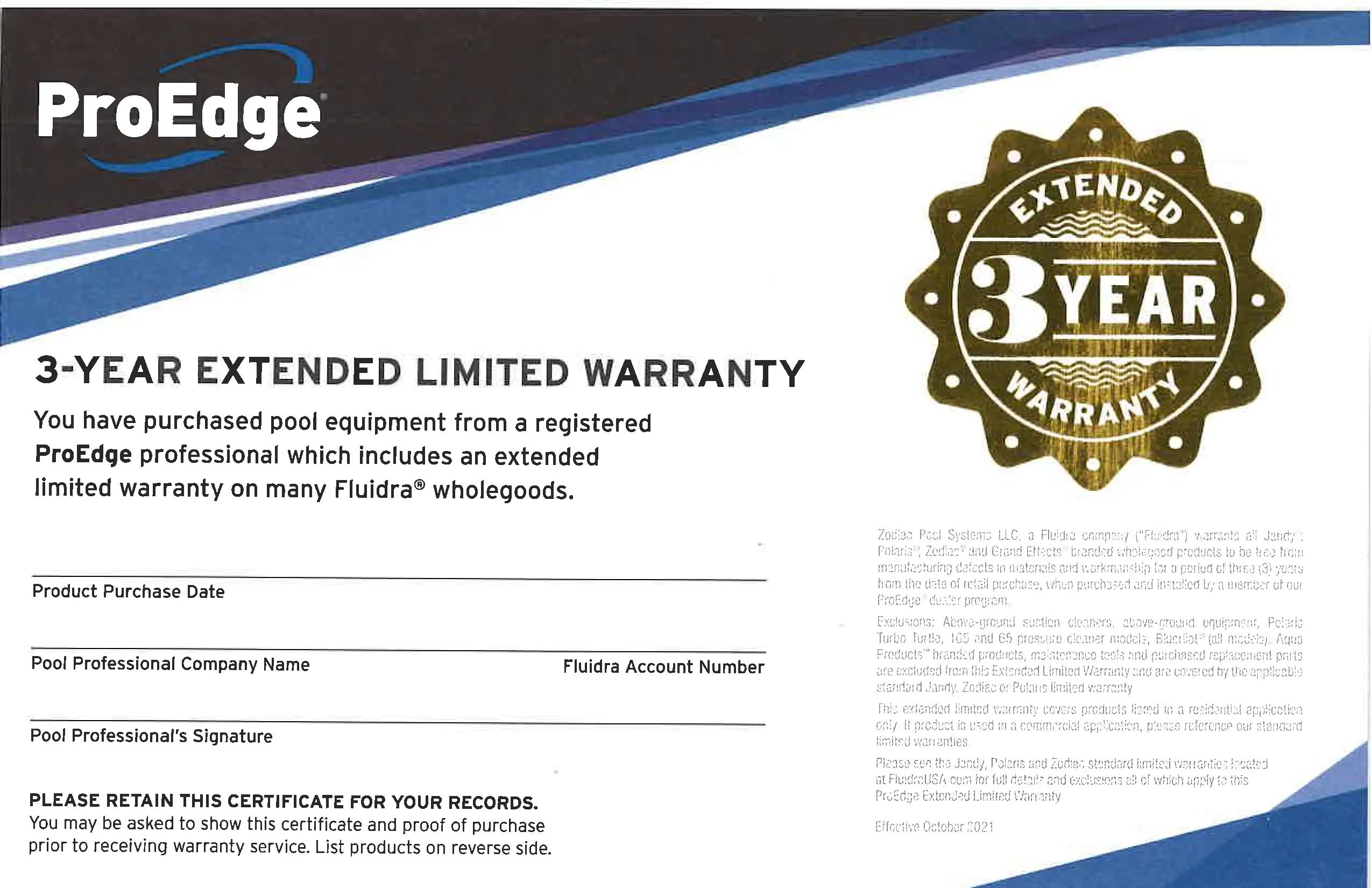 picture of the ProEdge Extended Warranty card.